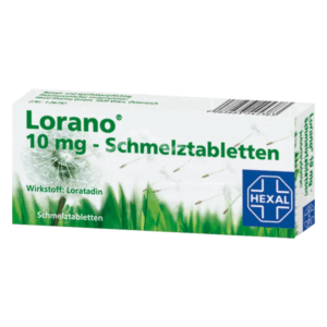 Packung Lorano 10 mg Schmelztabletten mit dem Wirkstoff Loratadin, grüne Gestaltung mit Löwenzahnmotiven.