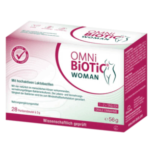 Verpackung von OMNi BiOTiC WOMAN, einem Nahrungsergänzungsmittel mit hochaktiven Laktobazillen in Portionsbeuteln.