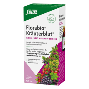 Verpackung des Florabio Kräuterblut Elixiers mit pflanzlichen Extrakten und Vitaminen zur Unterstützung energiearmer Zustände.