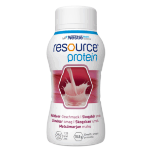 Flasche mit Proteinshake in Waldbeergeschmack, vom Hersteller Nestlé Health Science, mit einem hexagonalen Design.