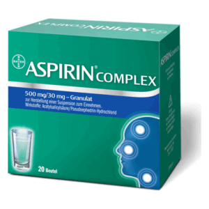 Verpackung von ASPIRIN Complex Granulat zur Herstellung einer Suspension, 500 mg/30 mg, abgebildet mit Glas und Gesichtskontur.