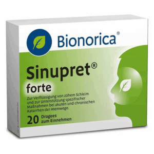 Packung von Sinupret forte mit grünem Design, zur Unterstützung bei Atemwegserkrankungen, enthält Dragees.