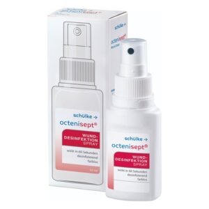 Wunddesinfektionsspray in einer weißen Flasche mit Sprühkopf, verpackt in einer farbigen Kartonbox.