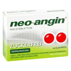 Verpackung von neo-angin Halstabletten, zuckerfrei, in einer Doppelpackung, für Erwachsene und Kinder ab 6 Jahren.