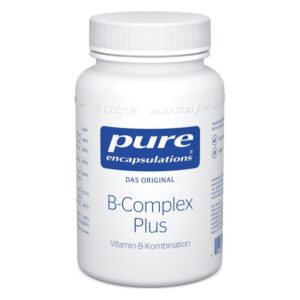 Weißer Plastiktiegel mit blauer Beschriftung, enthält B-Komplex-Vitamine.