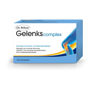 Verpackung des Dr. Böhm Gelenkscomplex mit Informationen zu Inhaltsstoffen für Gelenke und Knochen.