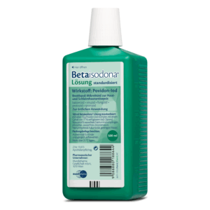 Grüne Flasche mit Deckel und Etikett, enthält Povidon-Iod zur Hautdesinfektion, 500 ml.