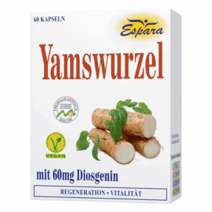 Verpackung von Yamswurzel-Kapseln mit 60 mg Diosgenin, abgebildet mit Wurzelstücken und Blättern.