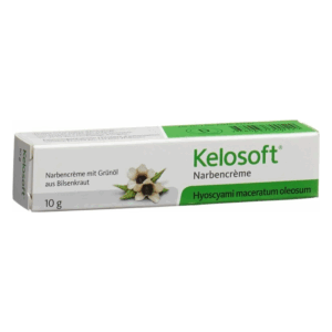 Tube mit Kelosoft Narbencreme, grüne Schrift, enthält Bilsenkrautöl, 10 g Inhalt.