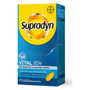 Verpackung des Nahrungsergänzungsmittels Supradyn VITAL 50+, betont Vitamine, Mineralstoffe und Ginseng.
