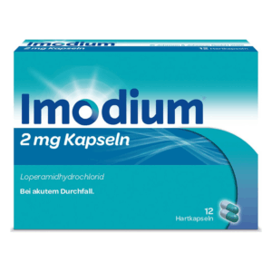 Verpackung von Imodium Kapseln, 2 mg, zur Behandlung von akutem Durchfall, mit blauer und grüner Gestaltung.