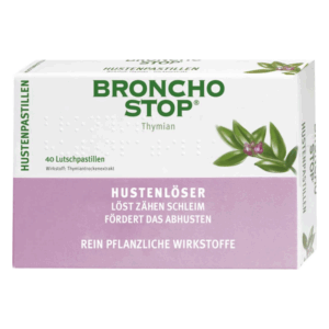 Verpackung von Broncho Stop Thymian Hustenpastillen mit Hinweis auf pflanzliche Wirkstoffe und Hustenlösungseigenschaften.