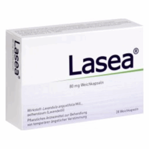 Packung mit 80 mg Weichkapseln Lasea, pflanzliches Arzneimittel zur Behandlung von Unruhe.