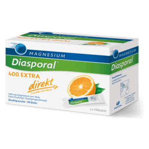 Packung mit Diasporal Magnesium direkt Granulat, orangefarbig, enthält 50 Sticks für die Einnahme ohne Wasser.