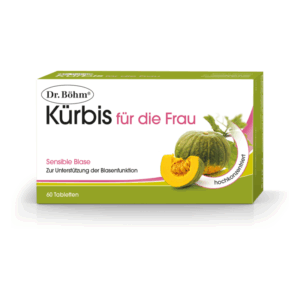 Packung mit Dr. Böhm Kürbis für die Frau, 60 Tabletten, zur Unterstützung der Blasenfunktion, abgebildeter Kürbis auf der Vorderseite.