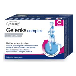 Verpackung von Dr. Böhm Gelenkscomplex intensiv in Himbeer-Geschmack, 30 Säckchen Brausegranulat für Gelenk- und Knochenfunktion.