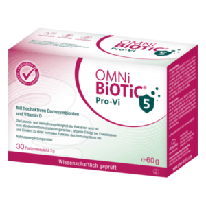 Verpackung von OMNi-BiOTiC Pro-Vi, mit Informationen zu Inhaltsstoffen und Verzehrempfehlung.