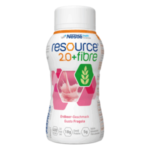 Flasche mit Erdbeer-Geschmack, nährstoffreiche Flüssignahrung, mit orangefarbenem Deckel und Informationsaufdruck.