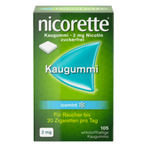 Kaffeetasse mit grünem und blauem Kartondesign, enthält zuckerfreien Nikotinkaugummi in der Geschmacksrichtung Icetmint.