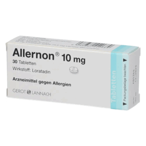 Schachtel mit Allergiemedikament Allernon, enthält 10 mg Loratadin, für Allergiebehandlung.