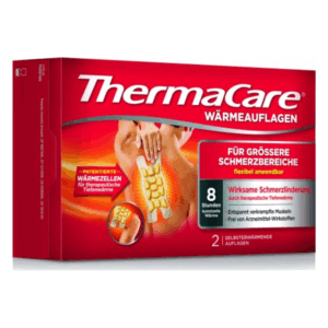 Verpackung von ThermaCare Wärmepflastern für schmerzlindernde Anwendungen, zeigt Anwendung auf dem oberen Rücken.