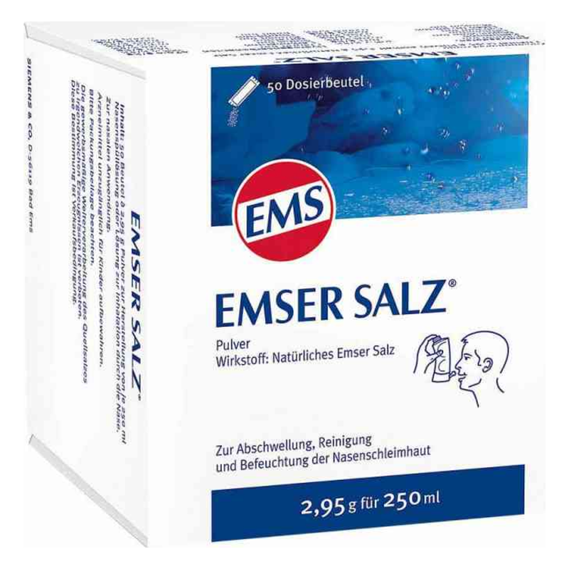 Verpackung von Emser Salz, einem Pulver zur Reinigung und Befeuchtung der Nasenschleimhaut mit 50 Dosierbeuteln.