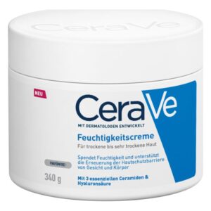 CeraVe Feuchtigkeitscreme in einer runden, weißen Dose mit blauer Beschriftung, für trockene Haut.