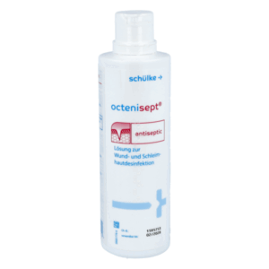 Flasche schülke octenisept, antiseptische Lösung zur Wund- und Schleimhautdesinfektion mit entnehmbarer Dosieröffnung.