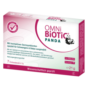 Verpackung von OMNi BiOTiC Panda, einem Nahrungsergänzungsmittel mit Darmsymbionten für Schwangere und Babys.