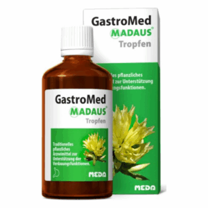 Braune Flasche mit weißen Deckel, beschriftet mit "GastroMed Madaus Tropfen" zur Unterstützung der Verdauungsfunktionen.