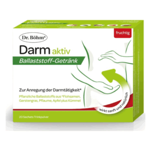 Verpackung von Dr. Böhm Darm aktiv Ballaststoff-Getränk, fruchtig, mit Hinweis zur Anregung der Darmtätigkeit.