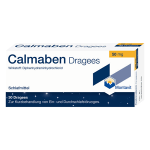 Packung Calmaben Dragees mit 50 mg Diphenhydraminhydrochlorid zur Behandlung von Schlafstörungen in blauer Gestaltung.