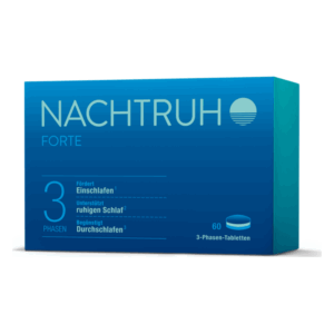 Packung Nachtruhe Forte, eine Schlaftablette mit 3 Phasen für besseren Schlaf, in Blau mit wichtigsten Eigenschaften.