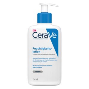 Flasche CeraVe Feuchtigkeitslotion mit Pumpverschluss, für trockene Haut, 236 ml, pflegt und unterstützt die Hautbarriere.