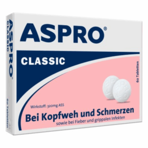 Packung ASPro Classic mit 60 weißen Tabletten zur Linderung von Kopfweh, Schmerzen und Fieber.