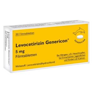 Packung von Levocetirizin Genericon, enthalten sind 30 Filmtabletten mit einem Wirkstoff von 5 mg zur Allergiebehandlung.
