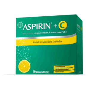 Packung mit 40 Brausetabletten von Aspirin + C zur Linderung von Erkältungssymptomen, mit Zitrone auf der Vorderseite.