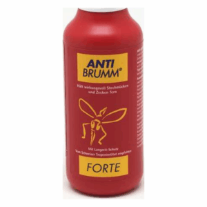 Rote Spraydose mit dem Aufdruck "ANTI BRUMM FORTE", Schutz gegen Stechmücken und Zecken, mit Langzeit-Schutz.