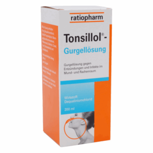 Verpackung der Tonsillol-Gurgellösung in einer weißen Box mit oranger und blauer Schrift, 200 ml.