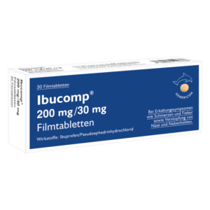 Verpackung von Ibupcomp Filmtabletten mit 200 mg Ibuprofen und 30 mg Pseudoephedrinhydrochlorid, zur Linderung von Erkältungsbeschwerden.