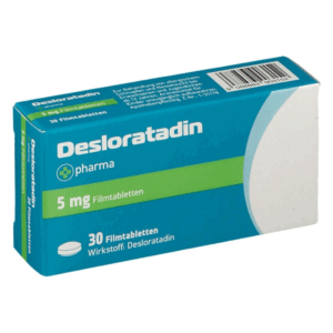 Packung mit 30 Filmtabletten Desloratadin, 5 mg, zur Behandlung von Allergien.
