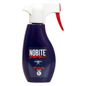 Sprühflasche von NOBITE für Textilien, mit rotem Sprühkopf und schwarzem Etikett.