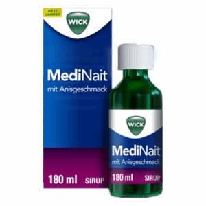 Grünes Fläschchen mit 180 ml Sirup, verpackt in blauer Schachtel, vermerkt mit "MediNait mit Anisgeschmack".
