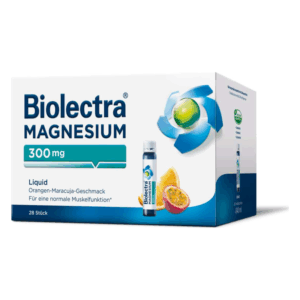 Packung Biolectra Magnesium mit Geschmack Orange-Maracuja, enthält 300 mg in flüssiger Form.