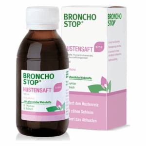 Broncho Stop Hustenbalsam in einer 120 ml Flasche, ohne Alkohol, mit umgebender Verpackung in rosa und weiß.