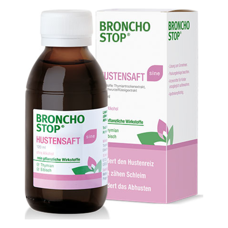 Broncho Stop Hustenbalsam in einer 120 ml Flasche, ohne Alkohol, mit umgebender Verpackung in rosa und weiß.