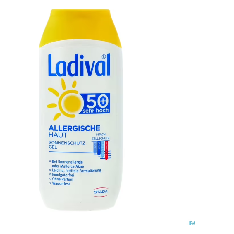 Sonnencreme-Gel für allergische Haut in weißer Verpackung mit gelbem Deckel und hohem Lichtschutzfaktor 50+.