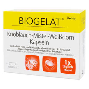 Verpackung von Biogelat Knoblauch-Mistel-Weißdorn Kapseln zur Unterstützung bei Herz- und Kreislaufbeschwerden.