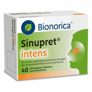 Verpackung von Bionorica Sinupret intens, 40 überzogene Tabletten zur Behandlung von Nasennebenhöhlenentzündungen.