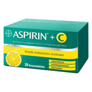 Schachtel mit 20 Brausetabletten Aspirin + C, grüne Verpackung mit gelben Akzenten und Zitroneabbildung.